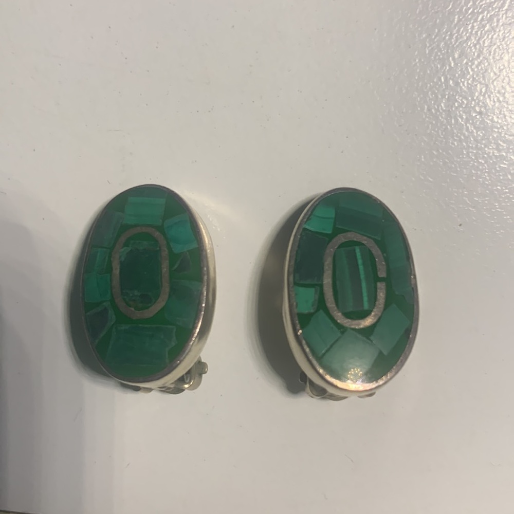 Vintage signed TE-50 Mexico sterling silver malachite inland clip on earrings - Picture 3 of 7